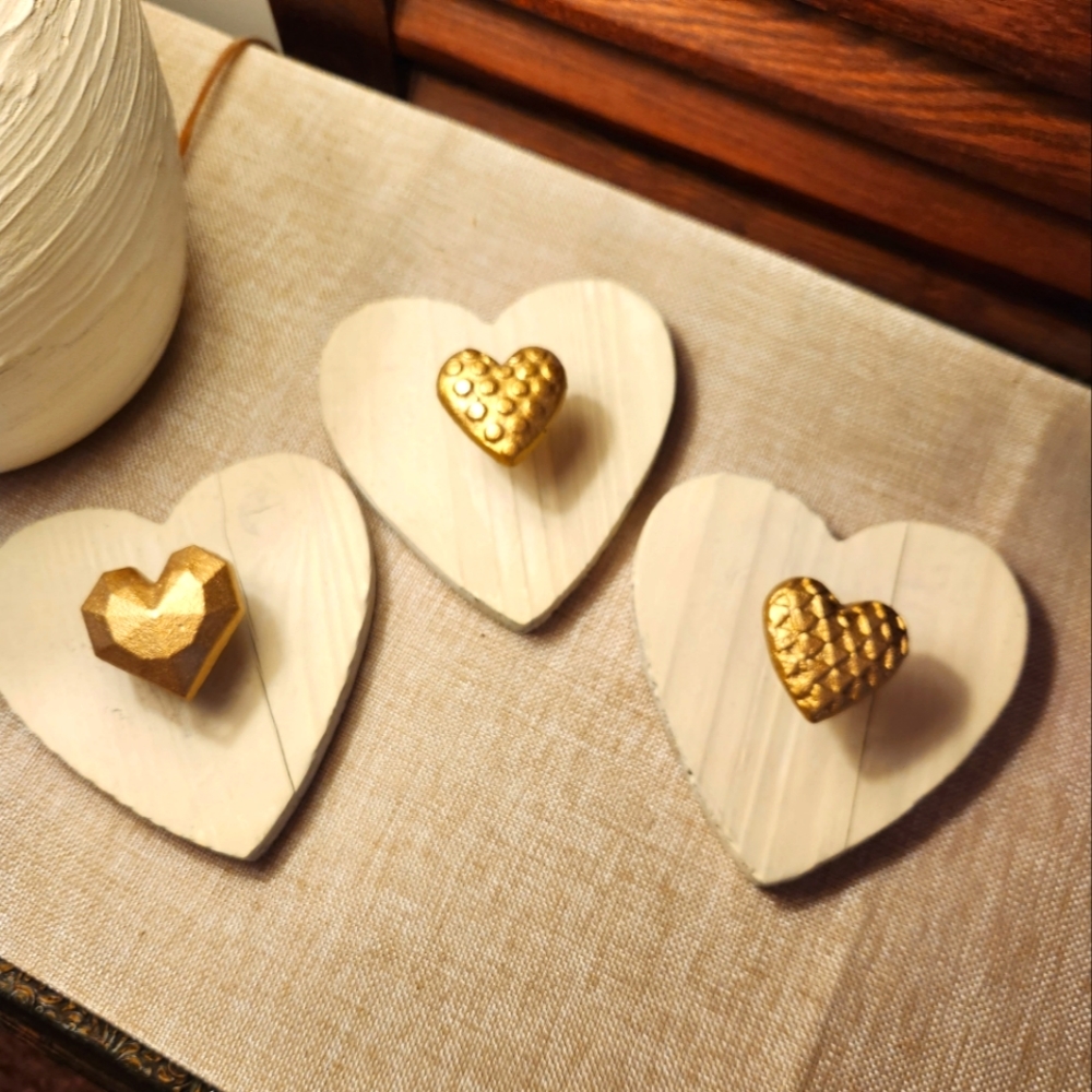 Wooden and brass Heart Wall Hooks, Set of 3